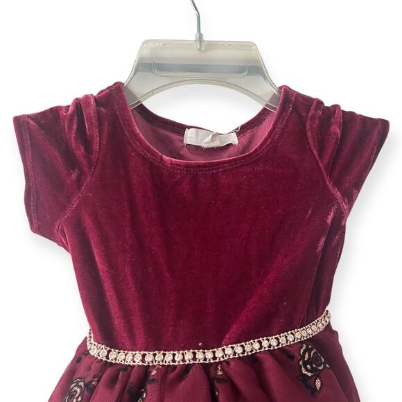 Rare Editions Velvet Floral Holiday Dress 2T Burgundy Tulle Bow Christmas Photos - Picture 3 of 13
